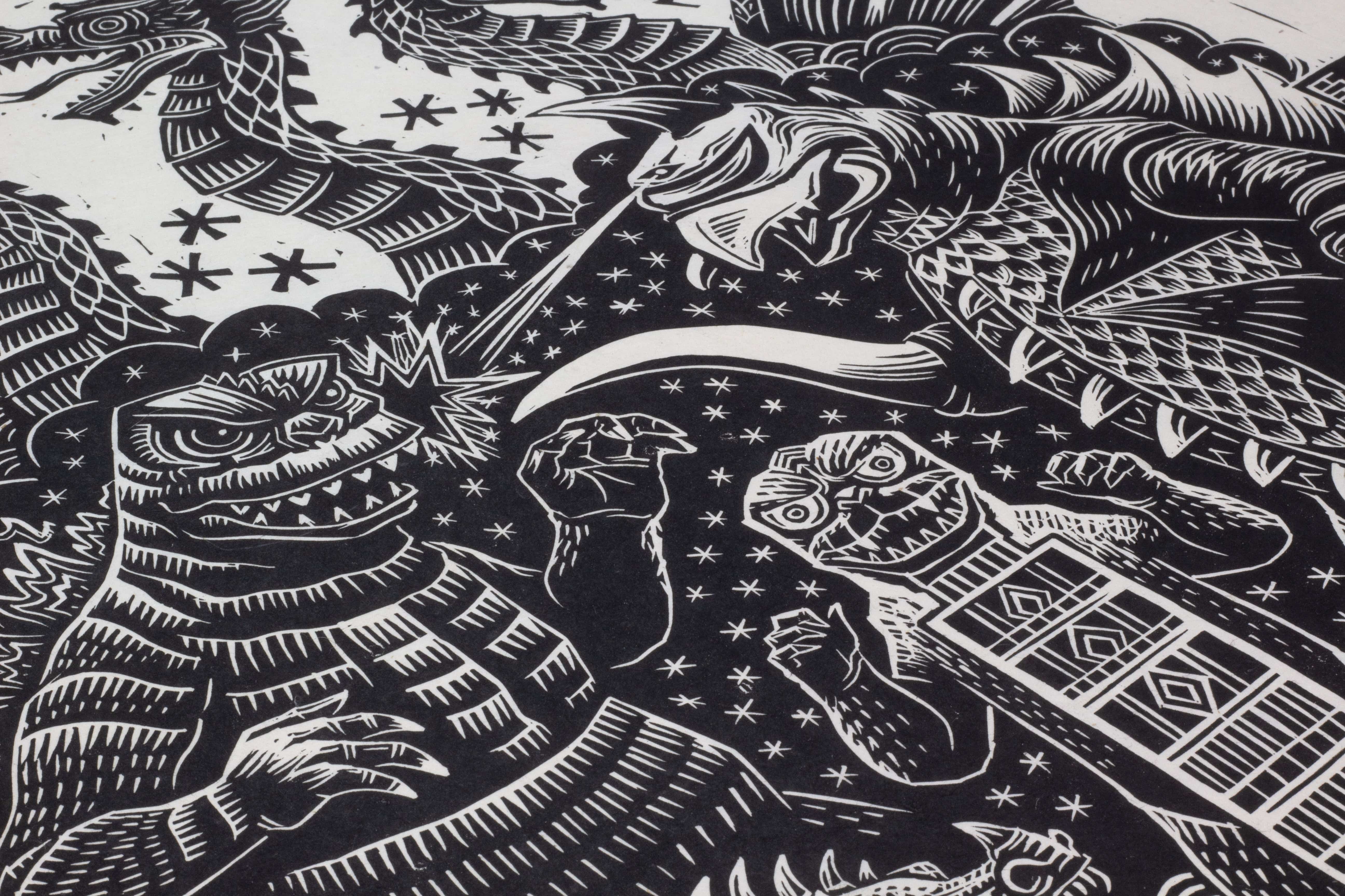 Godzilla vs Gigan Linocut Poster - Image 3