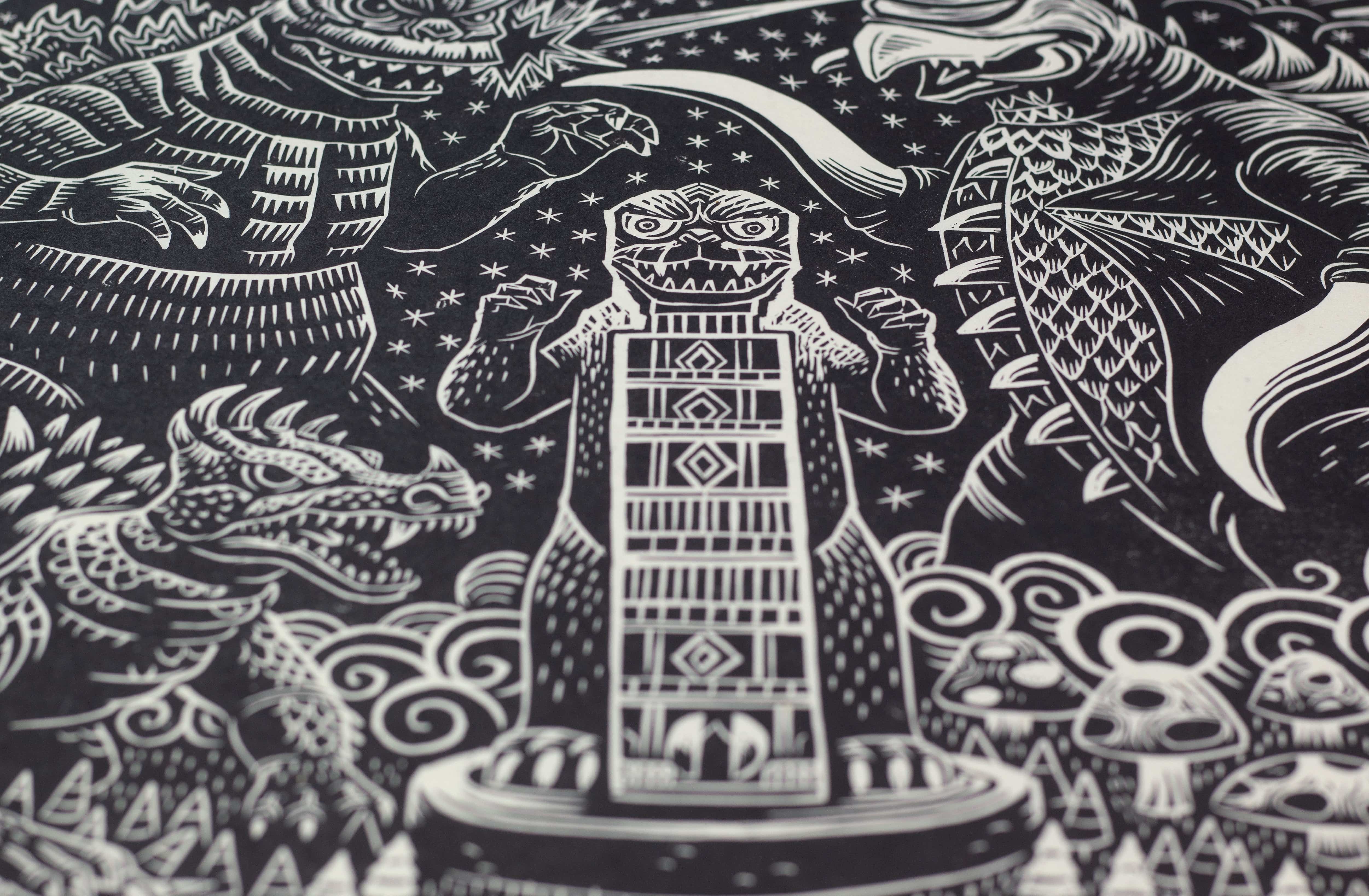 Godzilla vs Gigan Linocut Poster - Image 5